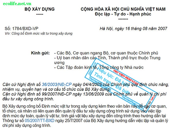 Định mức 1784 (1784/BXD-VP) 