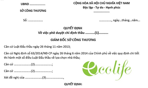 Mẫu quyết định chỉ định thầu 2019